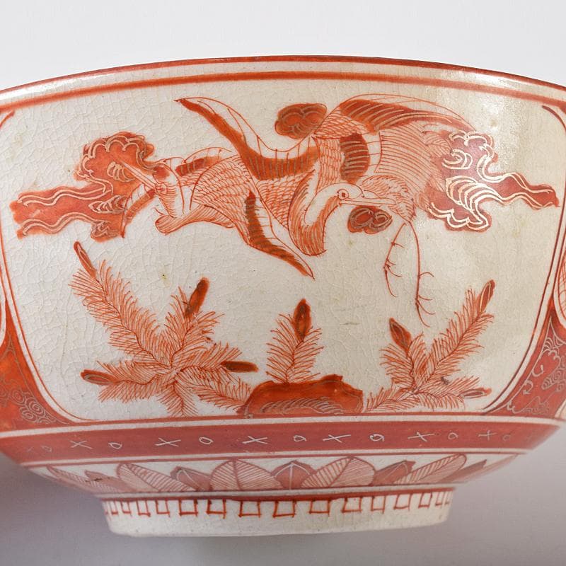 九谷焼 古九谷 赤絵金彩 窓絵 人物花鳥文 三ッ組鉢 時代箱付 U R8370