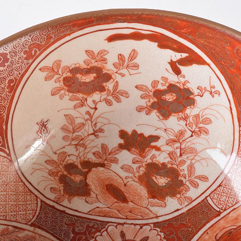 九谷焼 古九谷 赤絵金彩 窓絵 人物花鳥文 三ッ組鉢 時代箱付 U R8370