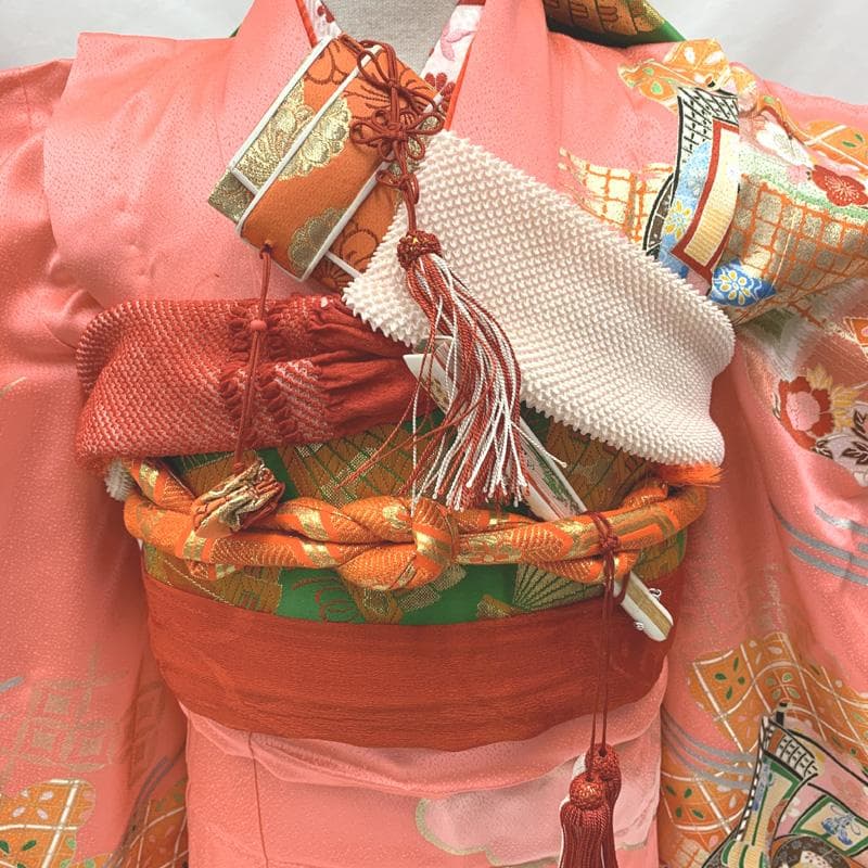 407ag132□七五三 七歳 女児 着物&袋帯&長襦袢 金駒刺繍 御所車□美品