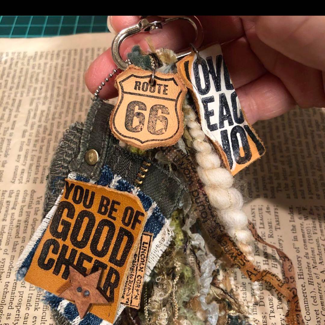 タッセルキーホルダー引揃い糸革タグ男前ハンドメイドT-14