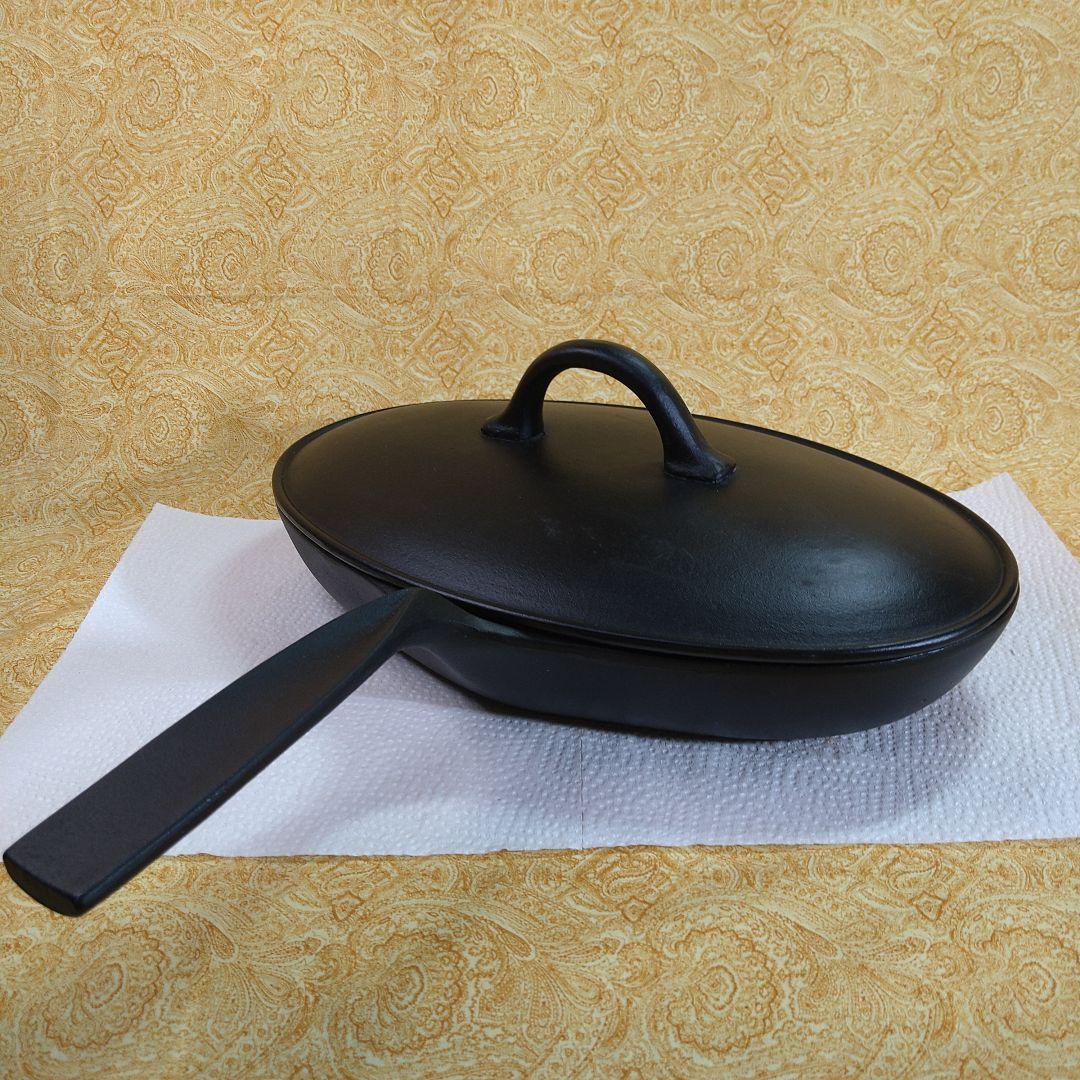 【まんまる様宛】鋳鉄製 蓋付きグリルパン／楕円形 黒