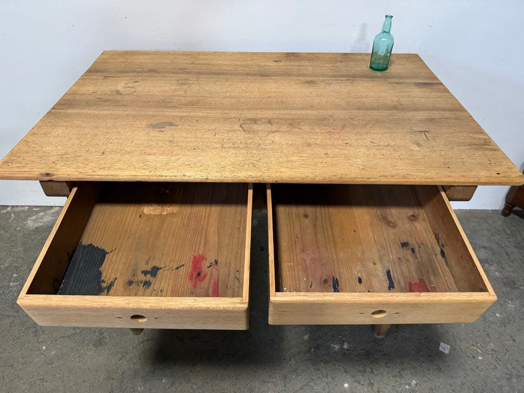 無垢材 テーブル 机 引き出し ろくろ足 レトロ ビンテージ アンティーク