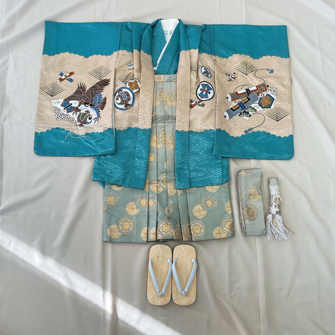 七五三5歳男の子　羽織袴セット　水色　　ベージュ　綸子　兜柄