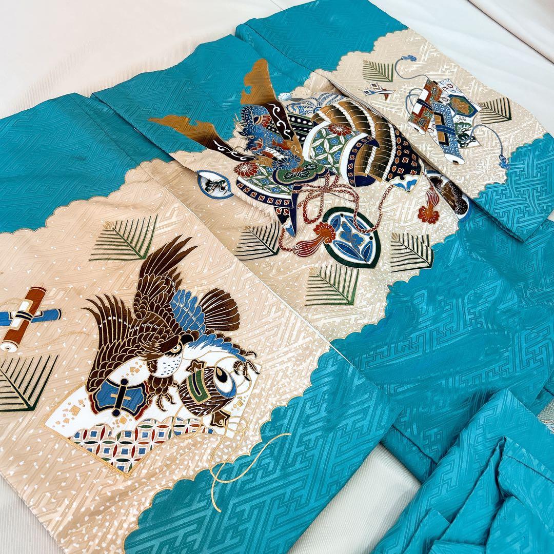 七五三5歳男の子　羽織袴セット　水色　　ベージュ　綸子　兜柄