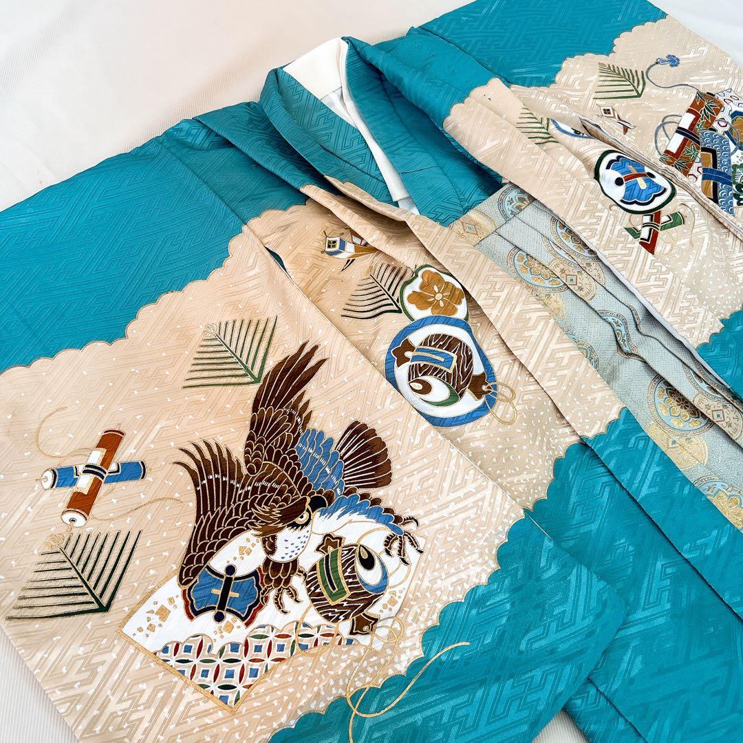 七五三5歳男の子　羽織袴セット　水色　　ベージュ　綸子　兜柄