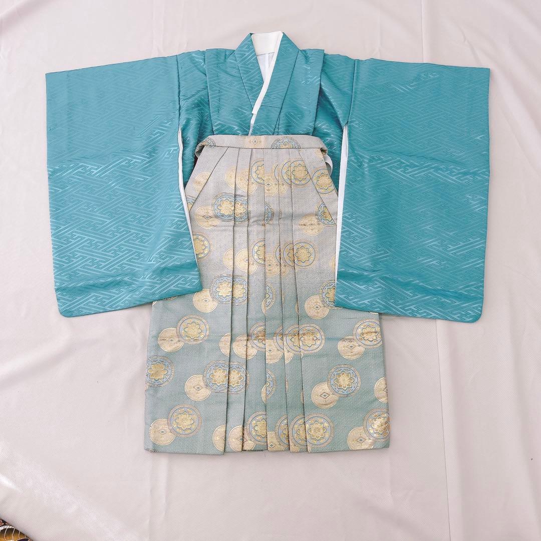 七五三5歳男の子　羽織袴セット　水色　　ベージュ　綸子　兜柄