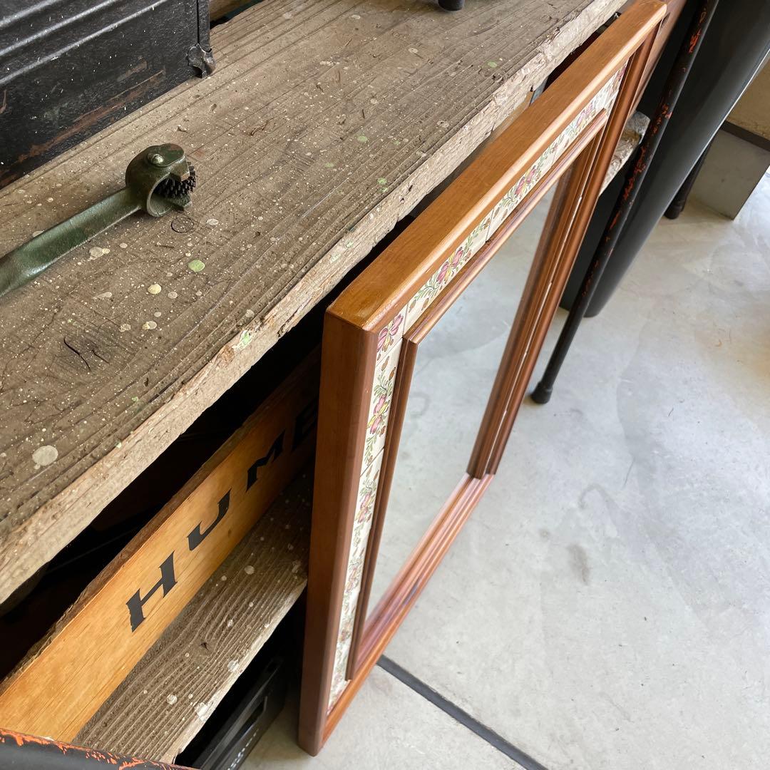 ヴィンテージ タイル張り ウッドミラー 壁掛け 鏡 姿見 パイン材 バレンシア