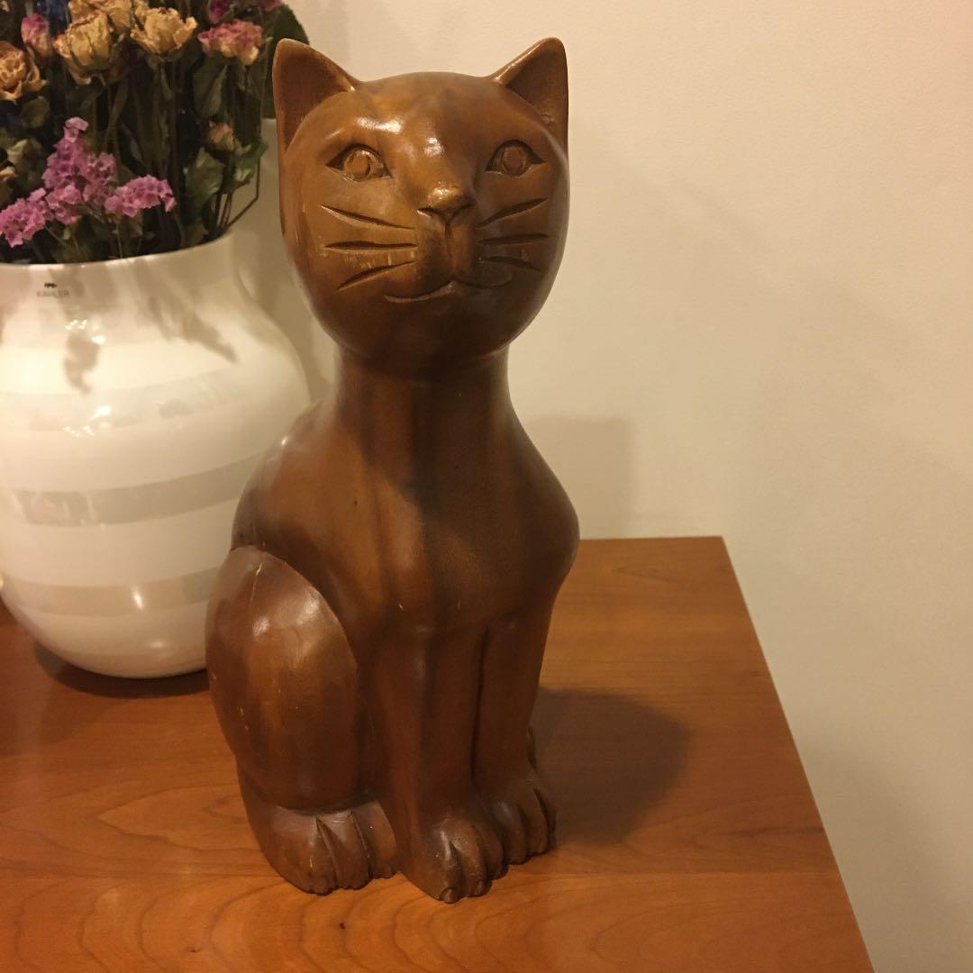 ビンテージ 上品で賢そうな猫ちゃんの高さ約30cm特大な黒檀木彫りの彫刻