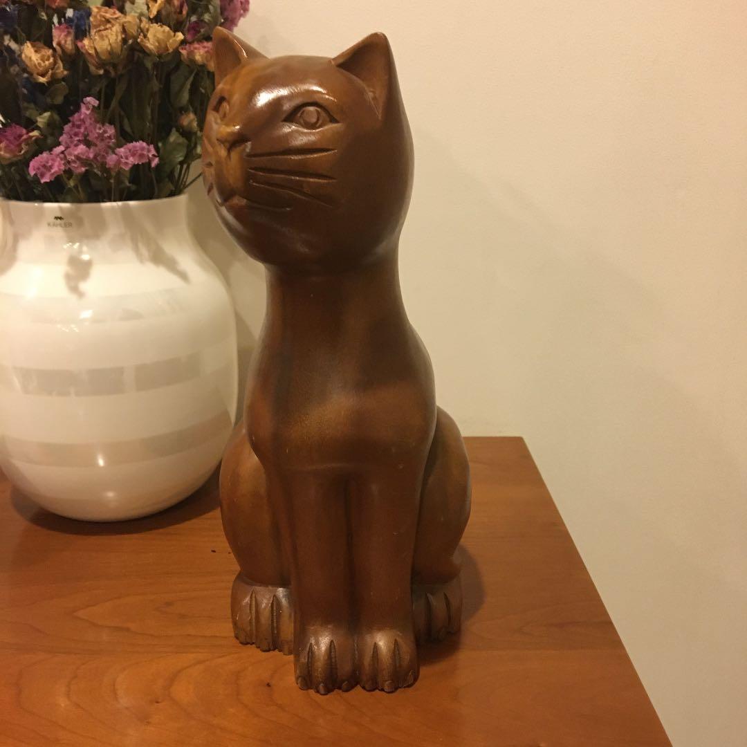 ビンテージ 上品で賢そうな猫ちゃんの高さ約30cm特大な黒檀木彫りの彫刻