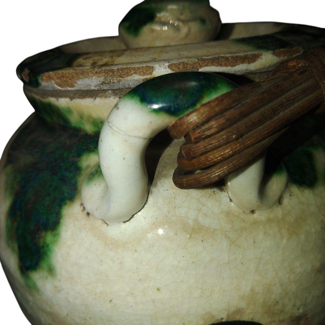 越後豊栄 太丘焼 織部釉土瓶 太丘銘 茶道