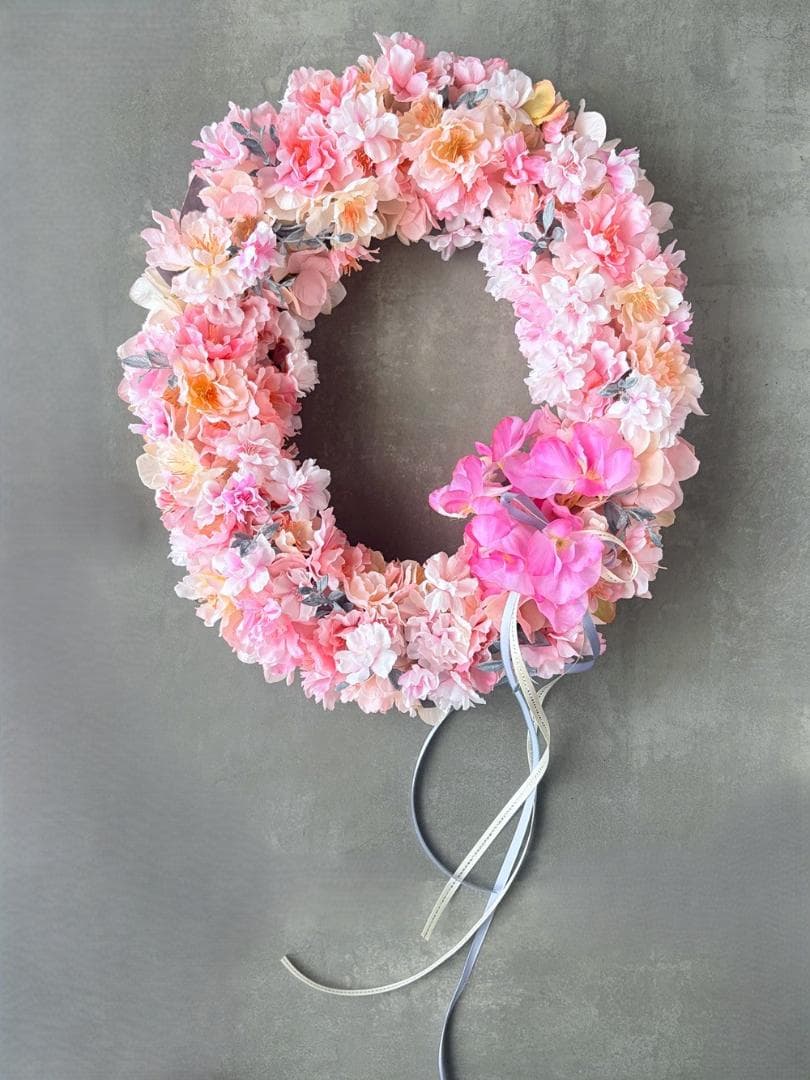 ＊新作＊八重桜とスイトピーの大きなオーバルリース＊お祝い＊ギフト＊ひなまつり