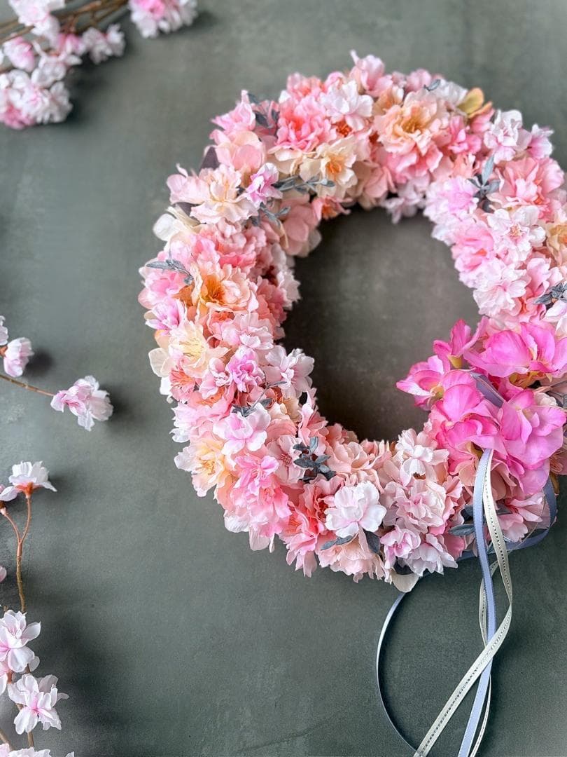 ＊新作＊八重桜とスイトピーの大きなオーバルリース＊お祝い＊ギフト＊ひなまつり