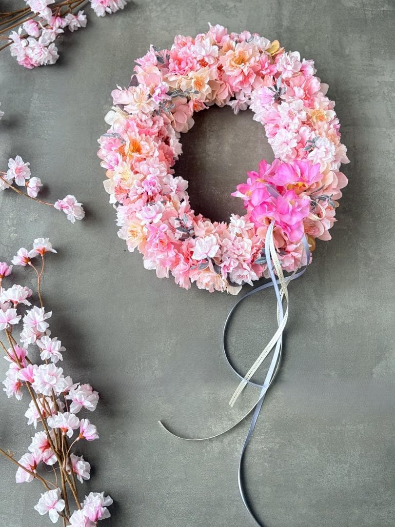 ＊新作＊八重桜とスイトピーの大きなオーバルリース＊お祝い＊ギフト＊ひなまつり