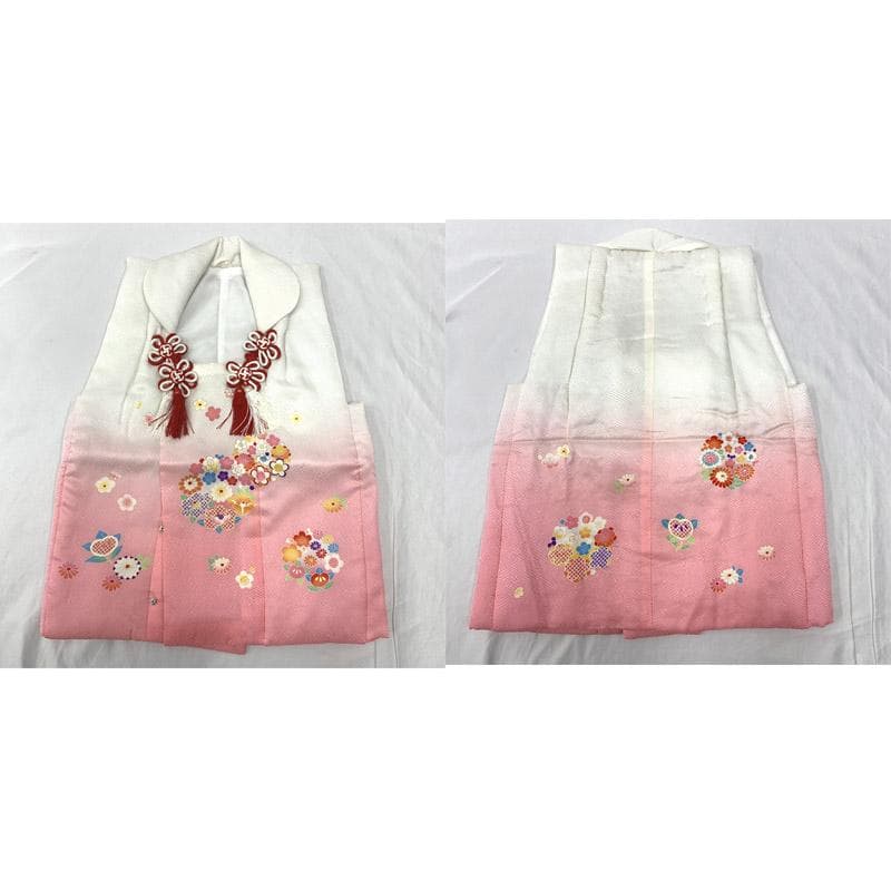 509ag38■七五三 三歳 女児 着物&被布&長襦袢 金彩 牡丹 扇■良好