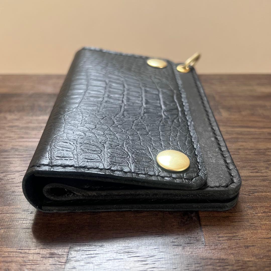 姫路レザー トラッカーウォレット ミドル 黒 クロコ型押し 『紙幣折ら