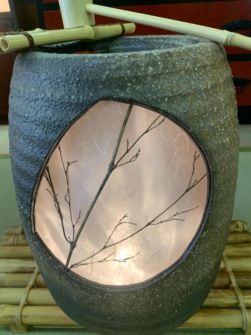 信楽焼噴水　蹲　つくばい　噴水　茶室　手水鉢　金魚付　スノコ付　照明　和