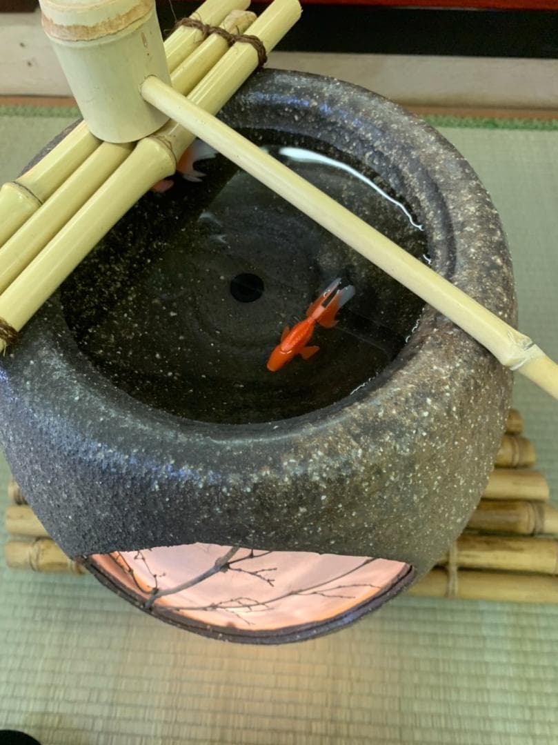 信楽焼噴水　蹲　つくばい　噴水　茶室　手水鉢　金魚付　スノコ付　照明　和