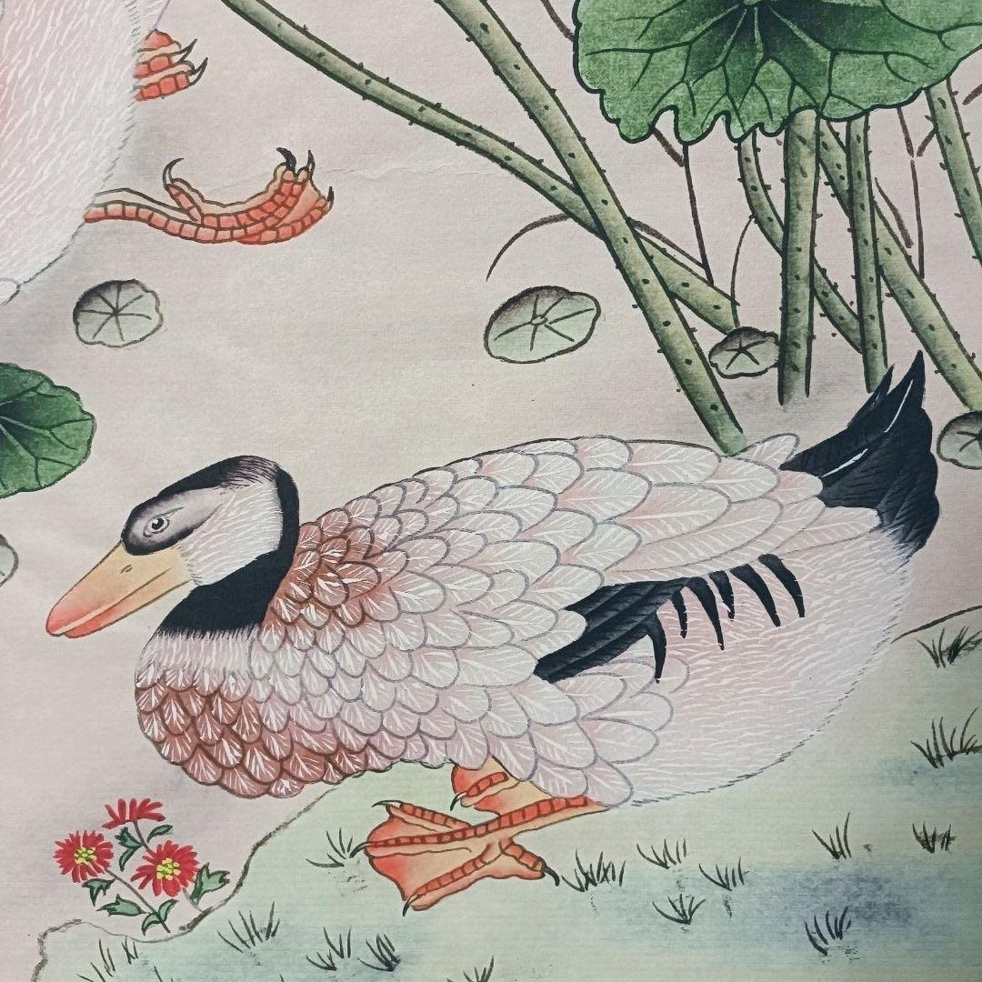 中国画 掛け軸 唐寅《荷塘雅趣》 中堂 証書付き／防伪 花鳥画インテリア