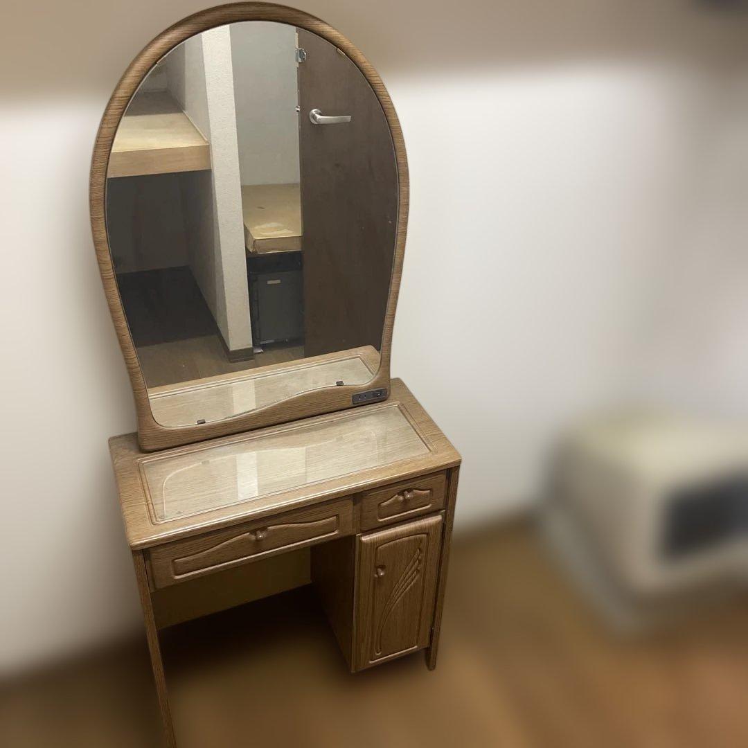 昭和レトロ　木製ドレッサー・鏡台 椅子付き　ナチュラルウッド　さいたま市引取限定