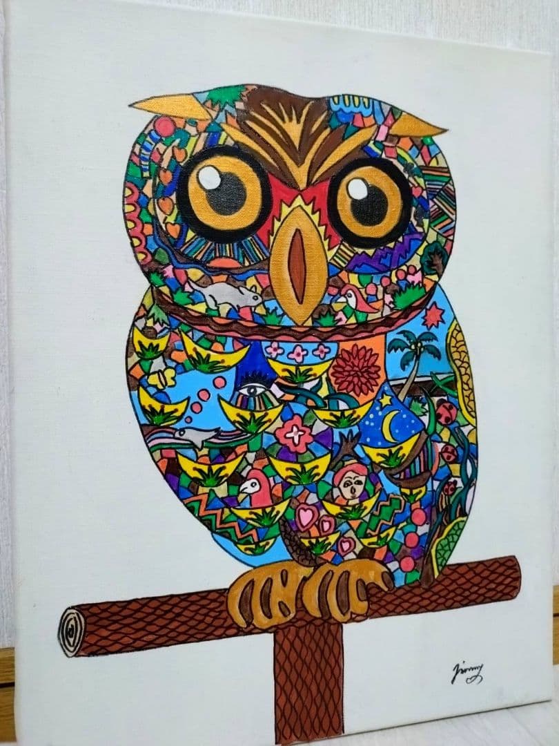 F6号】ジミー大西【森フクロウ】手描き/表裏サイン/油彩/アクリル/絵画