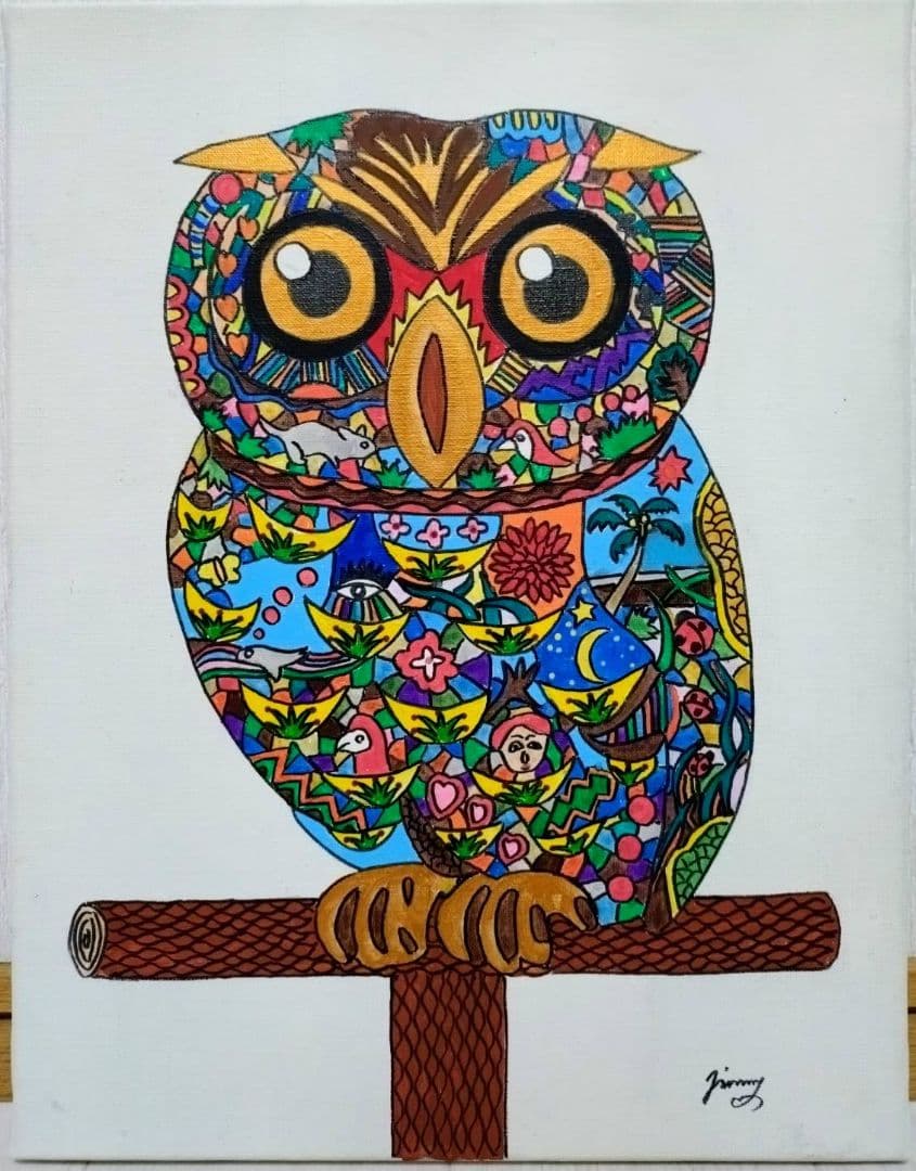 F6号】ジミー大西【森フクロウ】手描き/表裏サイン/油彩/アクリル/絵画