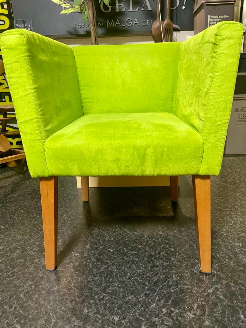 ①グリーン ソファー 椅子 1人がけ スウェード生地 オシャレ