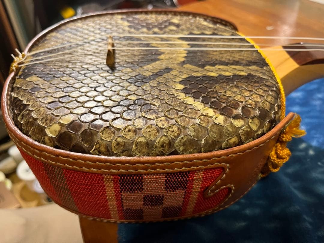 【希少・特注品】SAGO × 照喜名工房 三線　本蛇皮・赤珊瑚風クイ・染色革胴巻