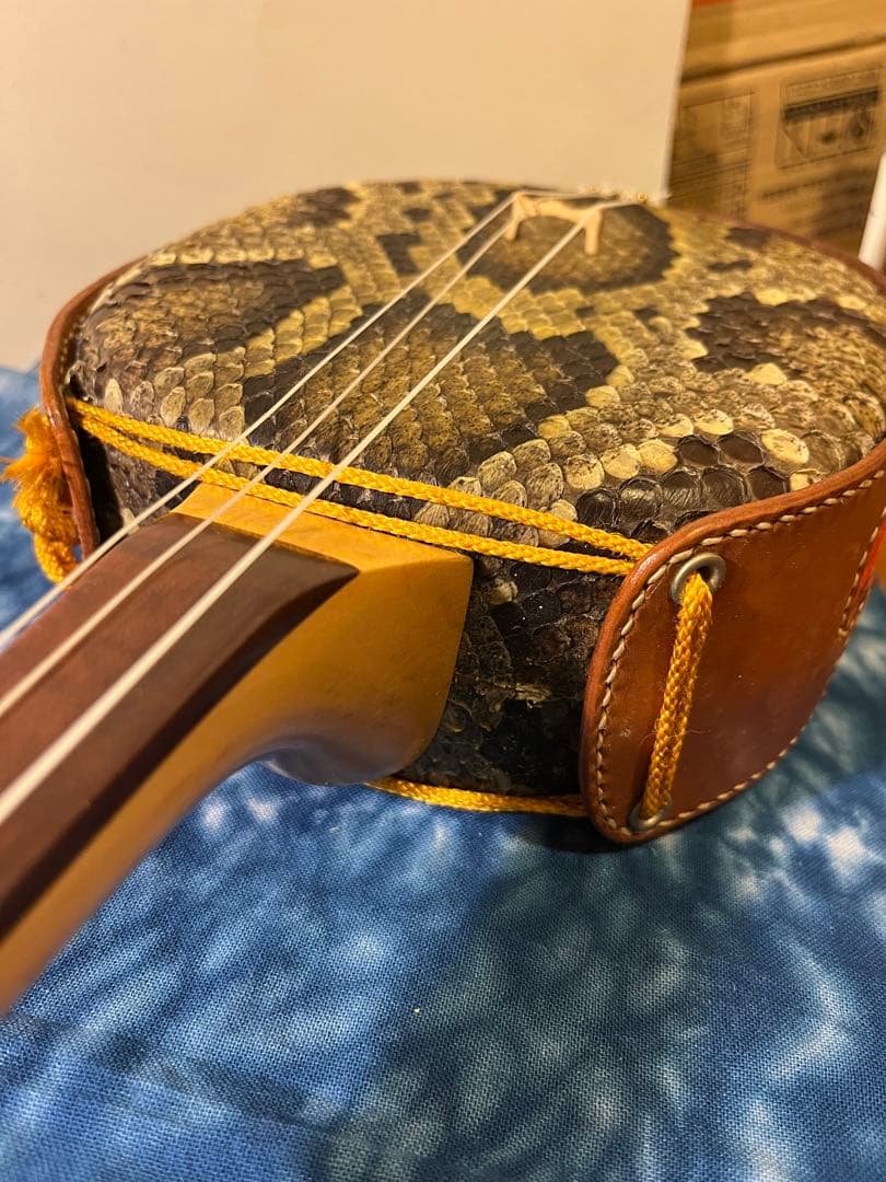 【希少・特注品】SAGO × 照喜名工房 三線　本蛇皮・赤珊瑚風クイ・染色革胴巻