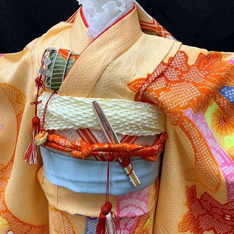 507ag24□七五三 七歳 女児 着物&袋帯 金駒刺繍 束ね熨斗□状態良好