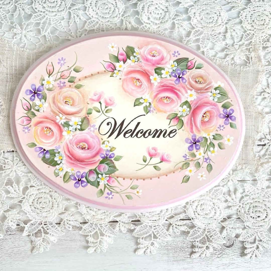 トールペイント作品 ウエルカムボード ピンク バラ 壁飾り