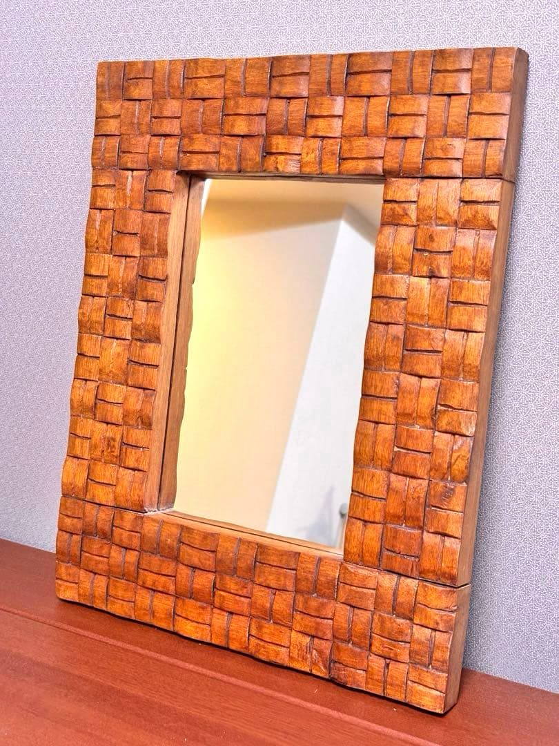 アンティーク　ウォールミラー　天然木　壁鏡　木枠　ヴィンテージ　編み込み