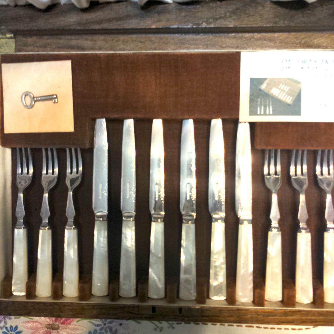 アンティーク　アールデコ　白蝶貝(マザーオパール)デザート用セット　木箱入り