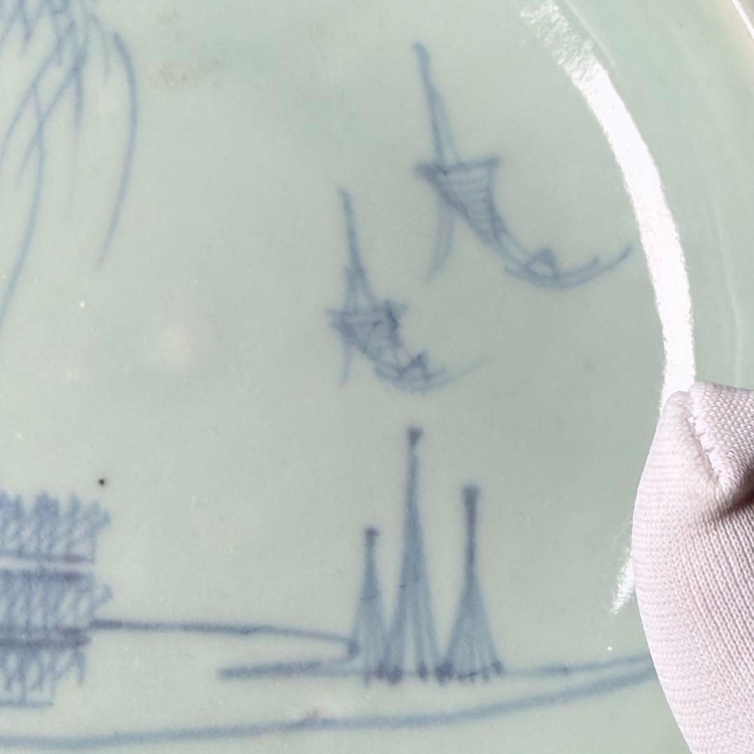 盛期鍋島 青磁染付柳竹垣文高台五寸皿 共箱 直径14.5cm 状態◎ 蒐集家