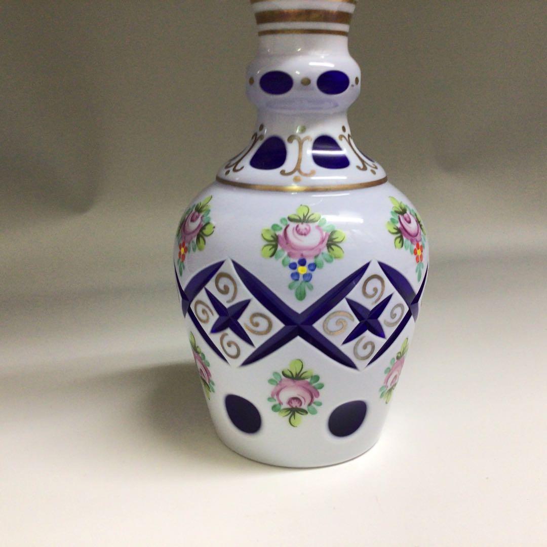 ★BOHEMIA ボヘミア　エナメル　デキャンタ　ブルー　カットグラス　花