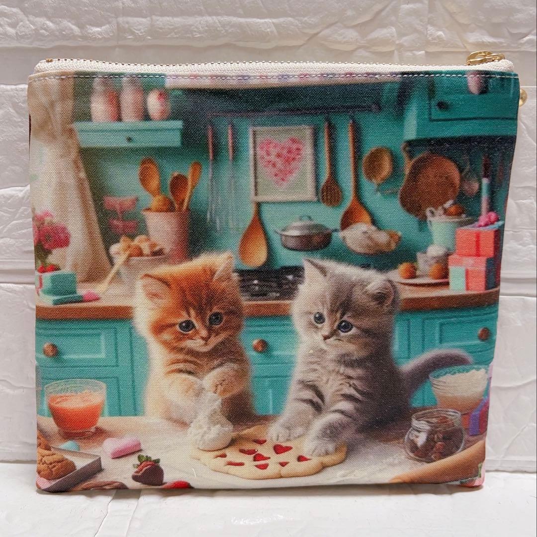 フラットポーチ ハンドメイド 猫ちゃんポーチ お菓子作り④ 両面パネル