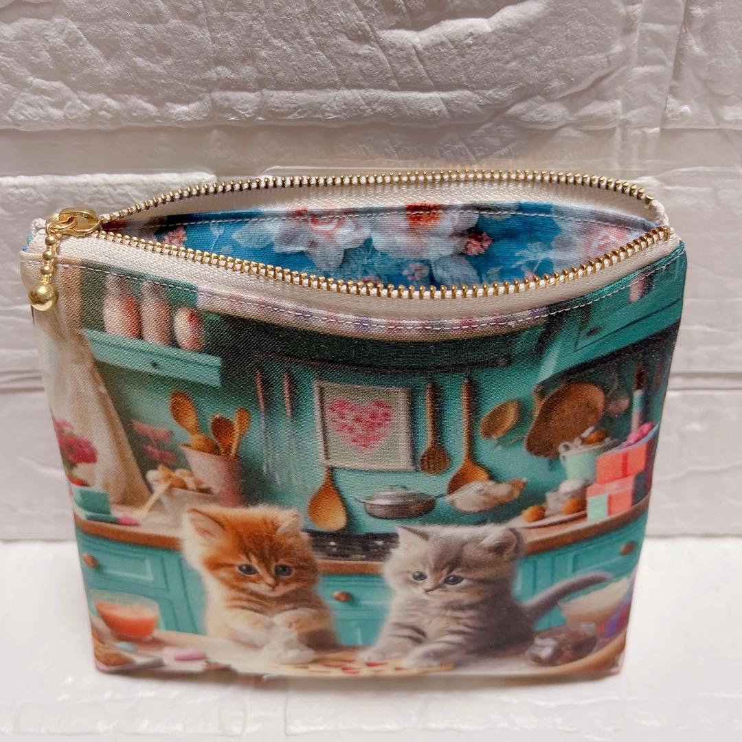 フラットポーチ ハンドメイド 猫ちゃんポーチ お菓子作り④ 両面パネル