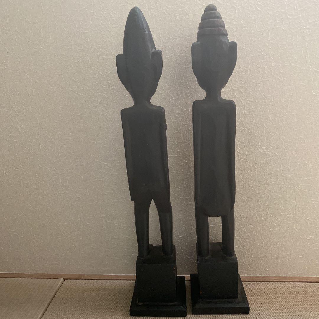 アジアン雑貨置物　木彫りプリミティブ人形男女ペア