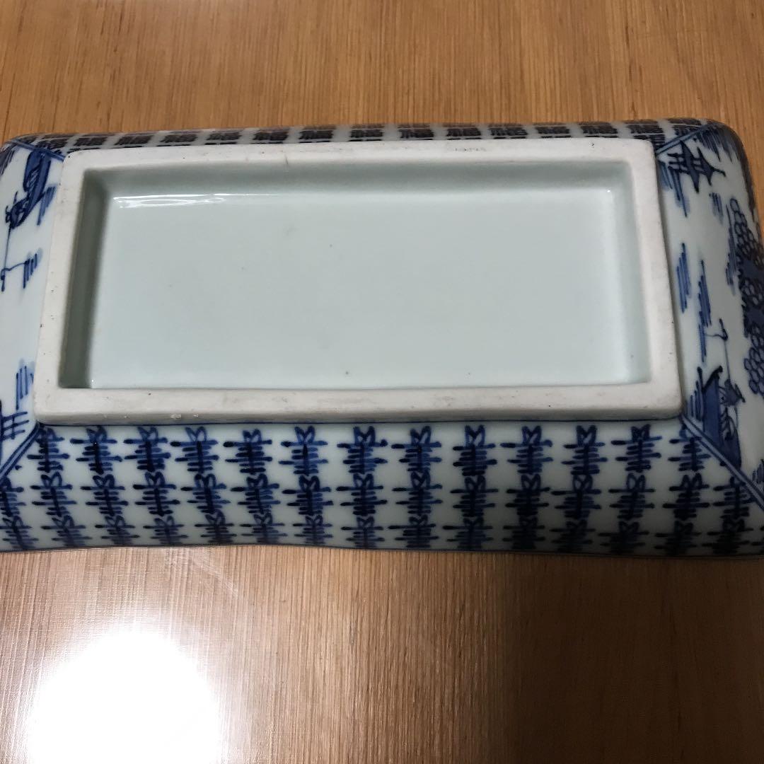 染付け、明治初期の四角い皿、漢詩入り