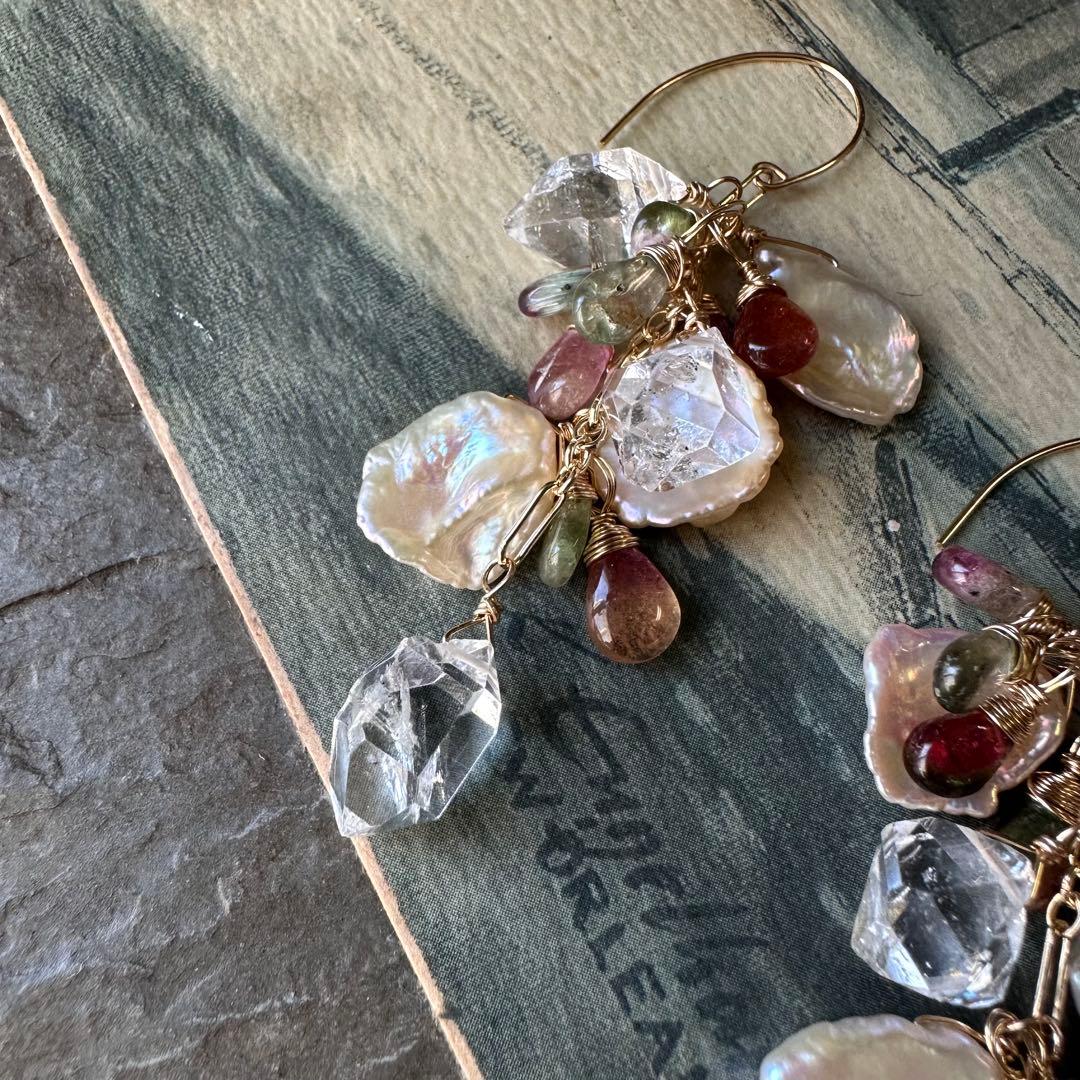 No.336 14kgf☆バイカラートルマリンと特大パーキマーのピアス