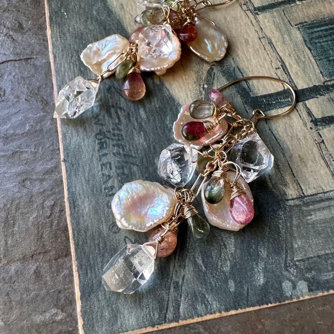 No.336 14kgf☆バイカラートルマリンと特大パーキマーのピアス