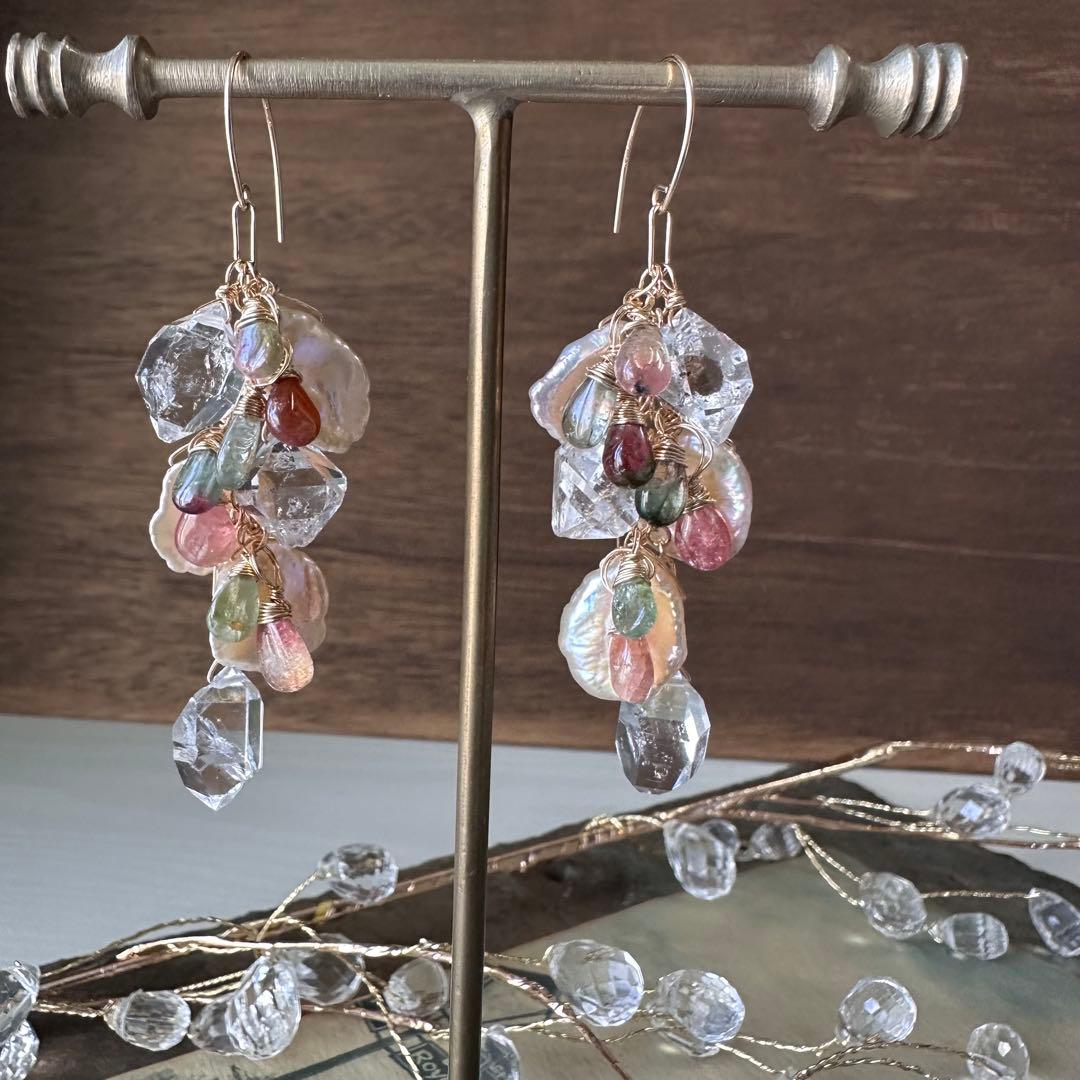 No.336 14kgf☆バイカラートルマリンと特大パーキマーのピアス