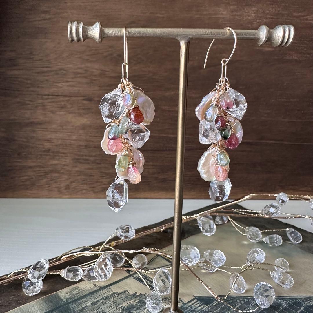 No.336 14kgf☆バイカラートルマリンと特大パーキマーのピアス