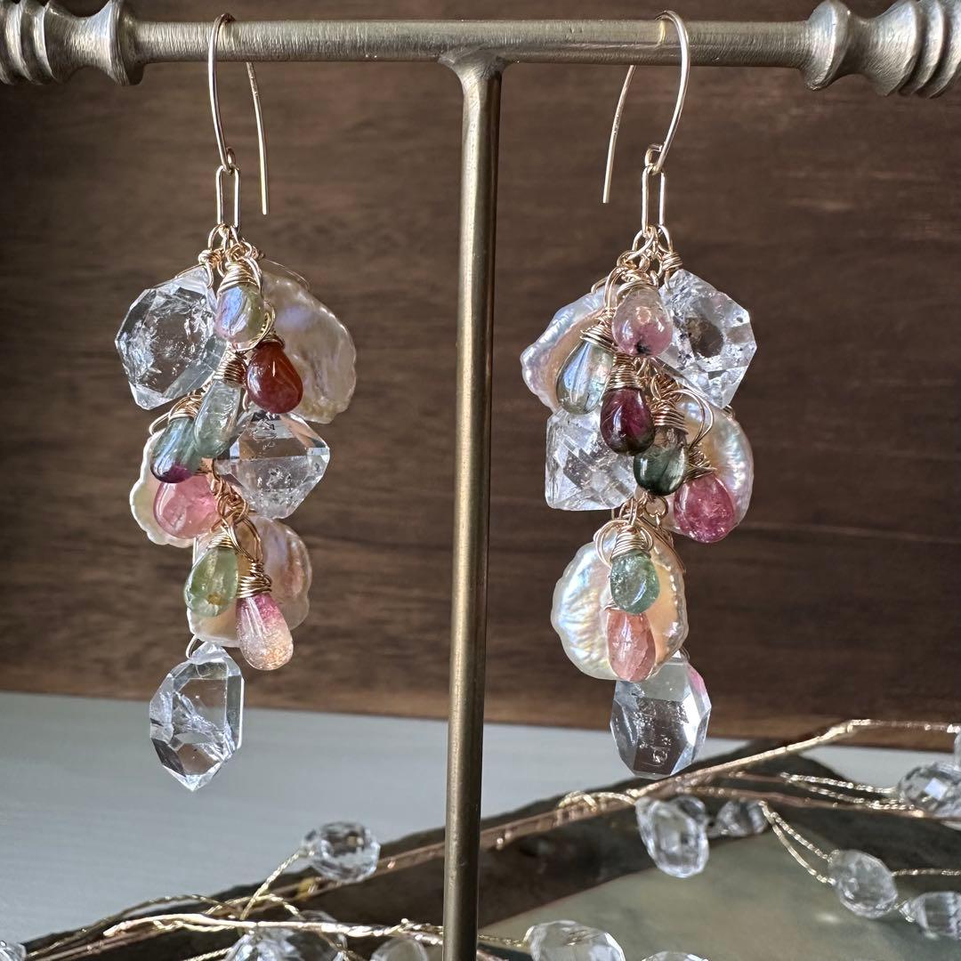 No.336 14kgf☆バイカラートルマリンと特大パーキマーのピアス