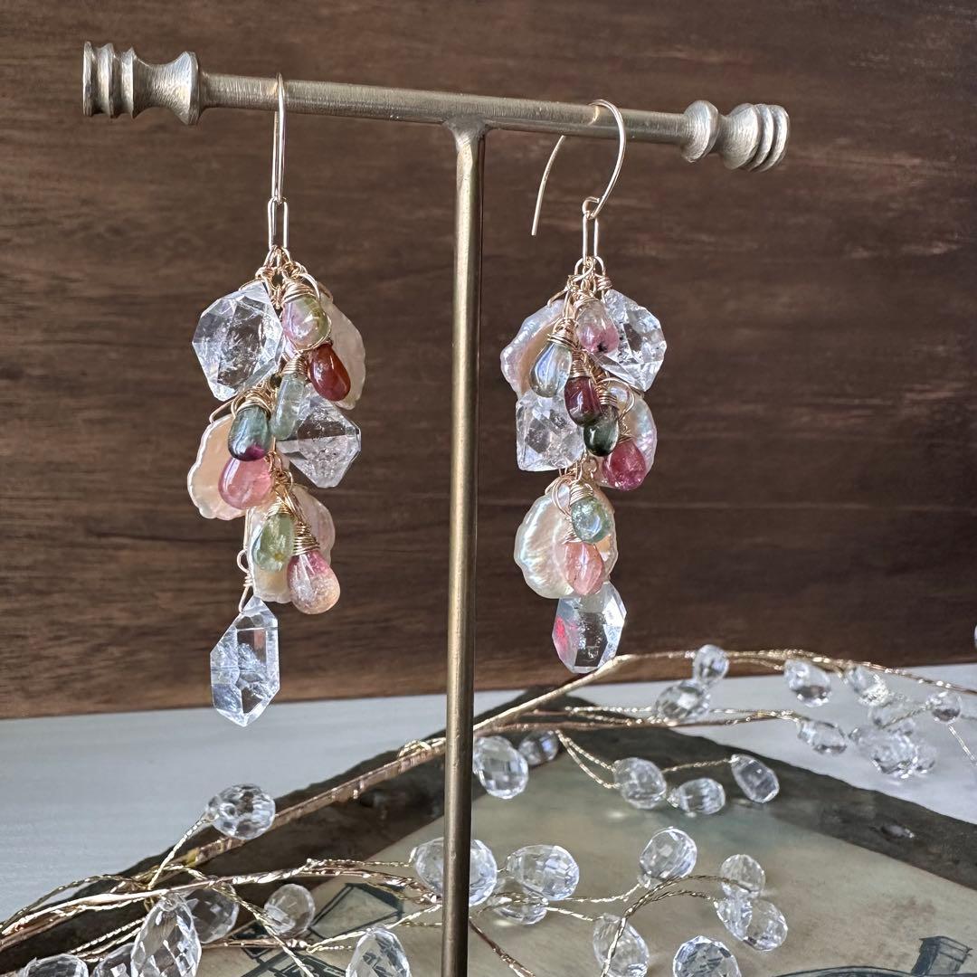 No.336 14kgf☆バイカラートルマリンと特大パーキマーのピアス