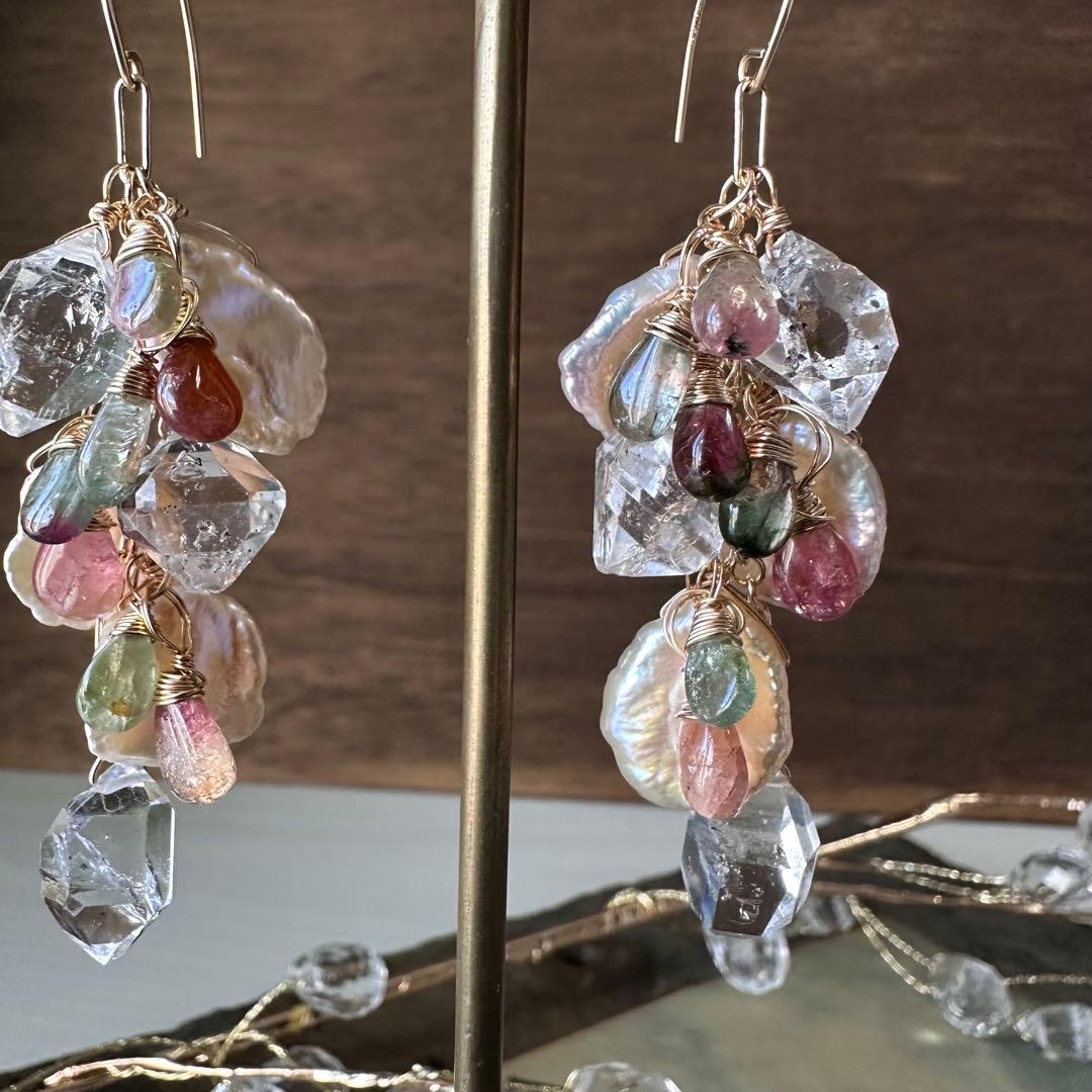 No.336 14kgf☆バイカラートルマリンと特大パーキマーのピアス