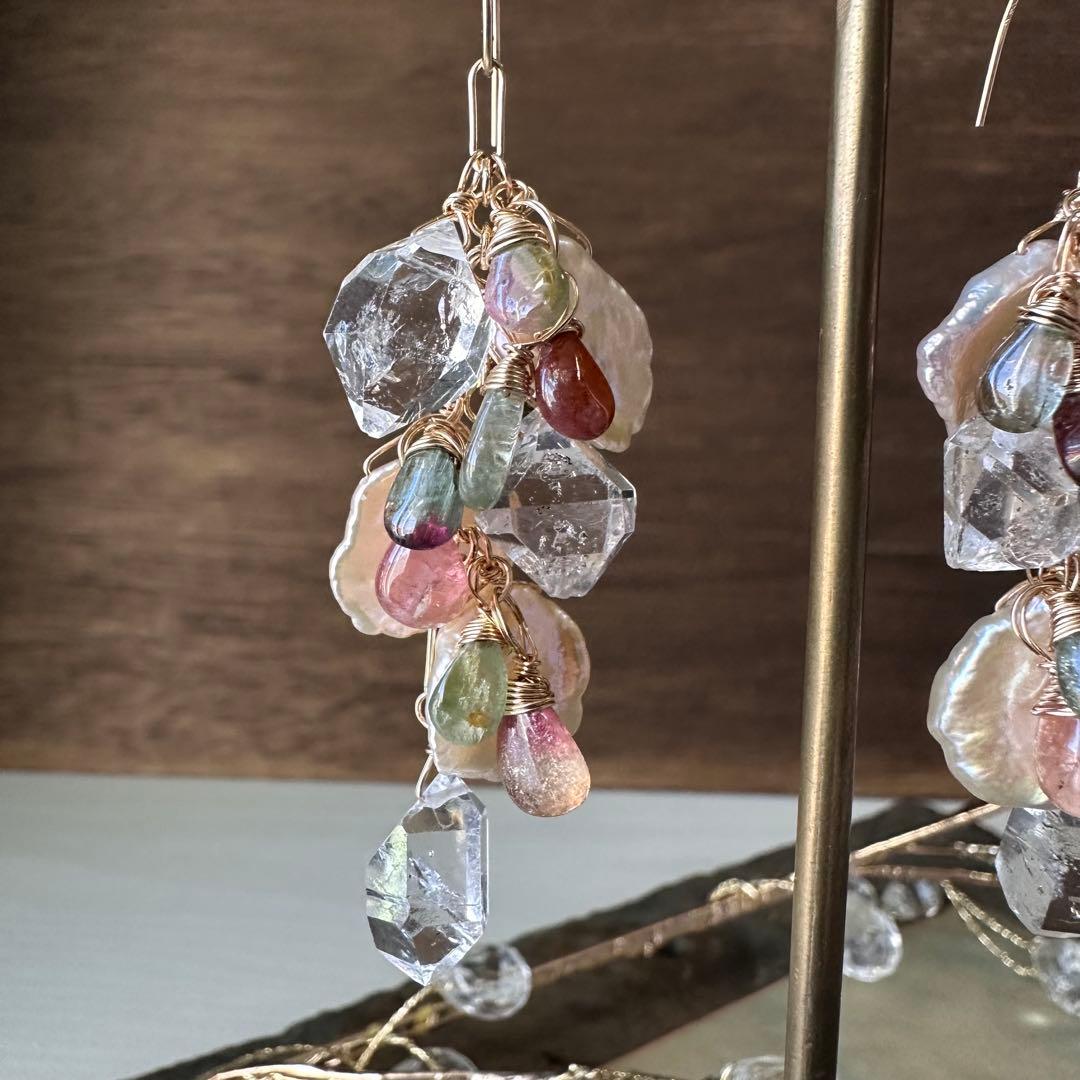 No.336 14kgf☆バイカラートルマリンと特大パーキマーのピアス