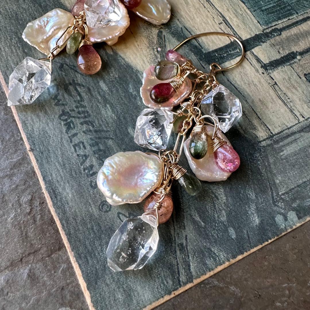 No.336 14kgf☆バイカラートルマリンと特大パーキマーのピアス