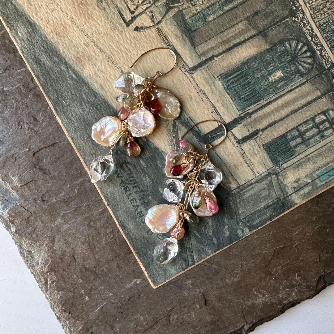 No.336 14kgf☆バイカラートルマリンと特大パーキマーのピアス