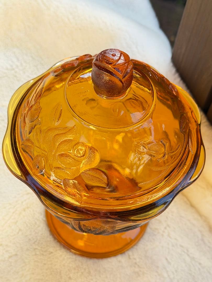 昭和レトロ　ガラスキャニスター　キャンディポット　アンバー　ローズ柄　希少