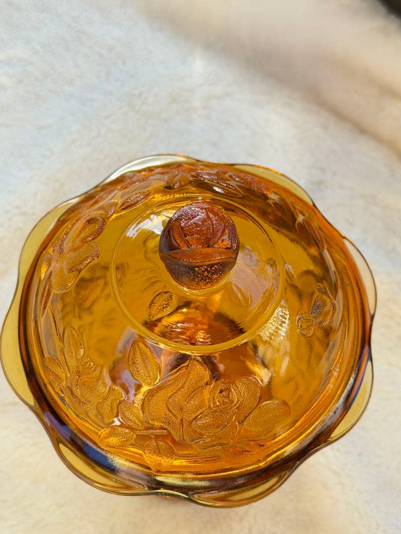 昭和レトロ　ガラスキャニスター　キャンディポット　アンバー　ローズ柄　希少